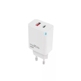   Hálózati gyors töltőfej, 1xType-C / 1xUSB, PD + QC, GaN, 45W, fehér, Maxlife MXTC-09-45AC