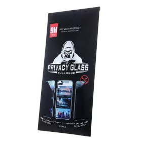 iPhone 17 Pro/18 Pro (6,3") előlapi üvegfólia, 9H, edzett, fekete keret, betekintés védelem, Full Glue, Privacy